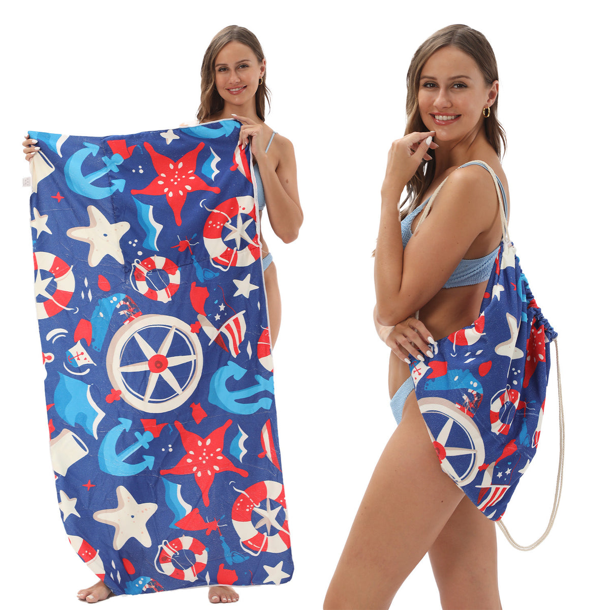Serviette de plage pliable 2-en-1 et serviette de bain imprimée – Serviette de plage tout-en-un avec sac de rangement