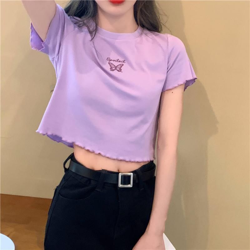 High Waist Crop Top Women's Slim Fit Stretchy Versatile Butterfly Embroidery Short Sleeve T-Shirt
