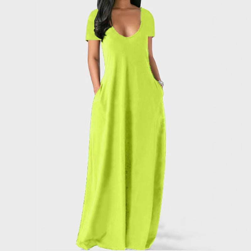 Robe d'été grande taille unie pour femme, sexy, décolleté plongeant en V, manches courtes, longue