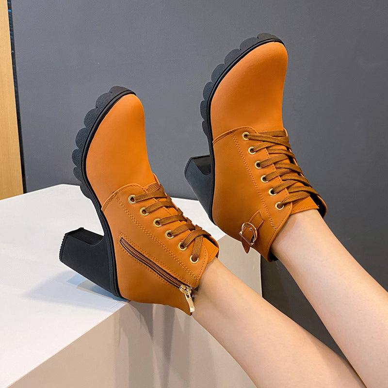 Women's high-heeled Martin boots, buckle, chunky heel, and round toe