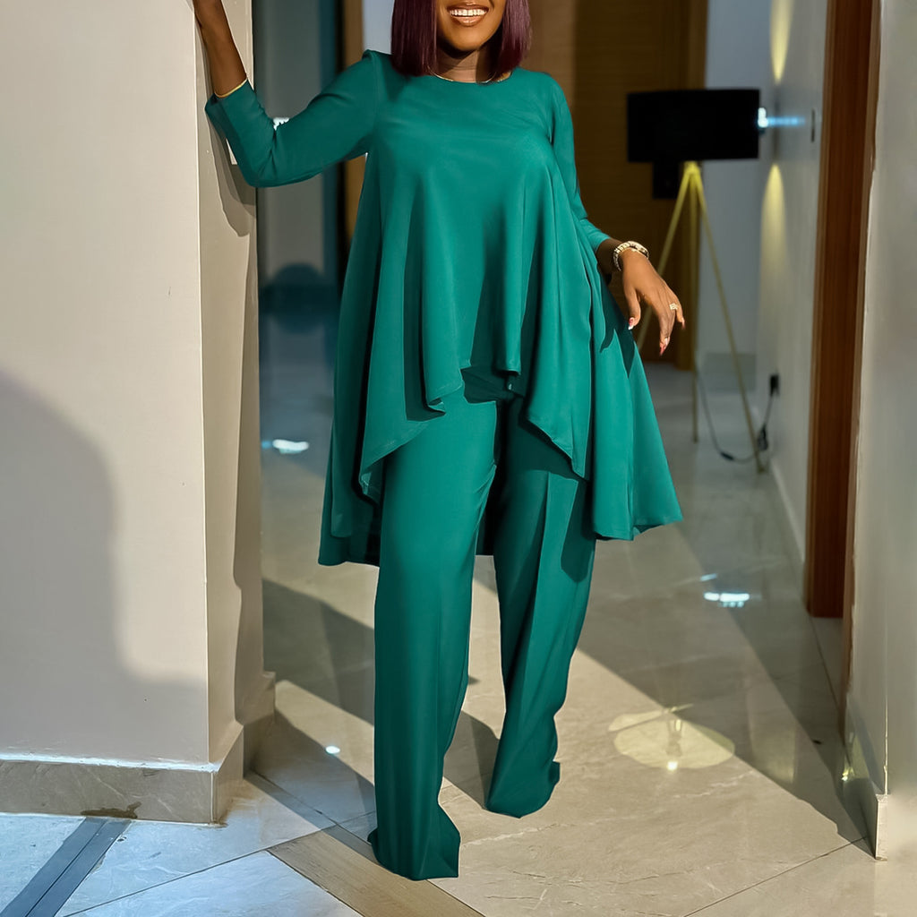 Ensemble élégant deux pièces de style africain : haut ample et asymétrique tendance avec pantalon