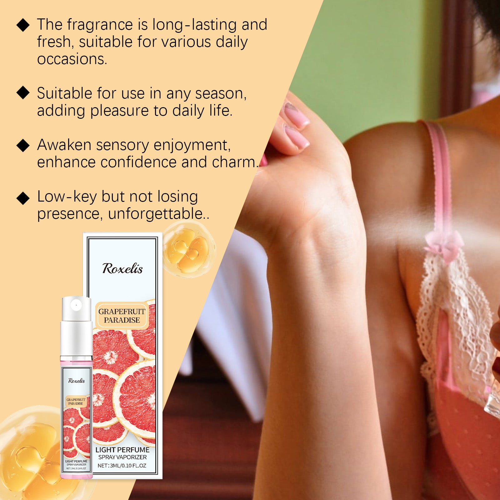 Grapefruit perfume spray, natural, fresh, and long-lasting fragrance, for a captivating and light atmosphere.