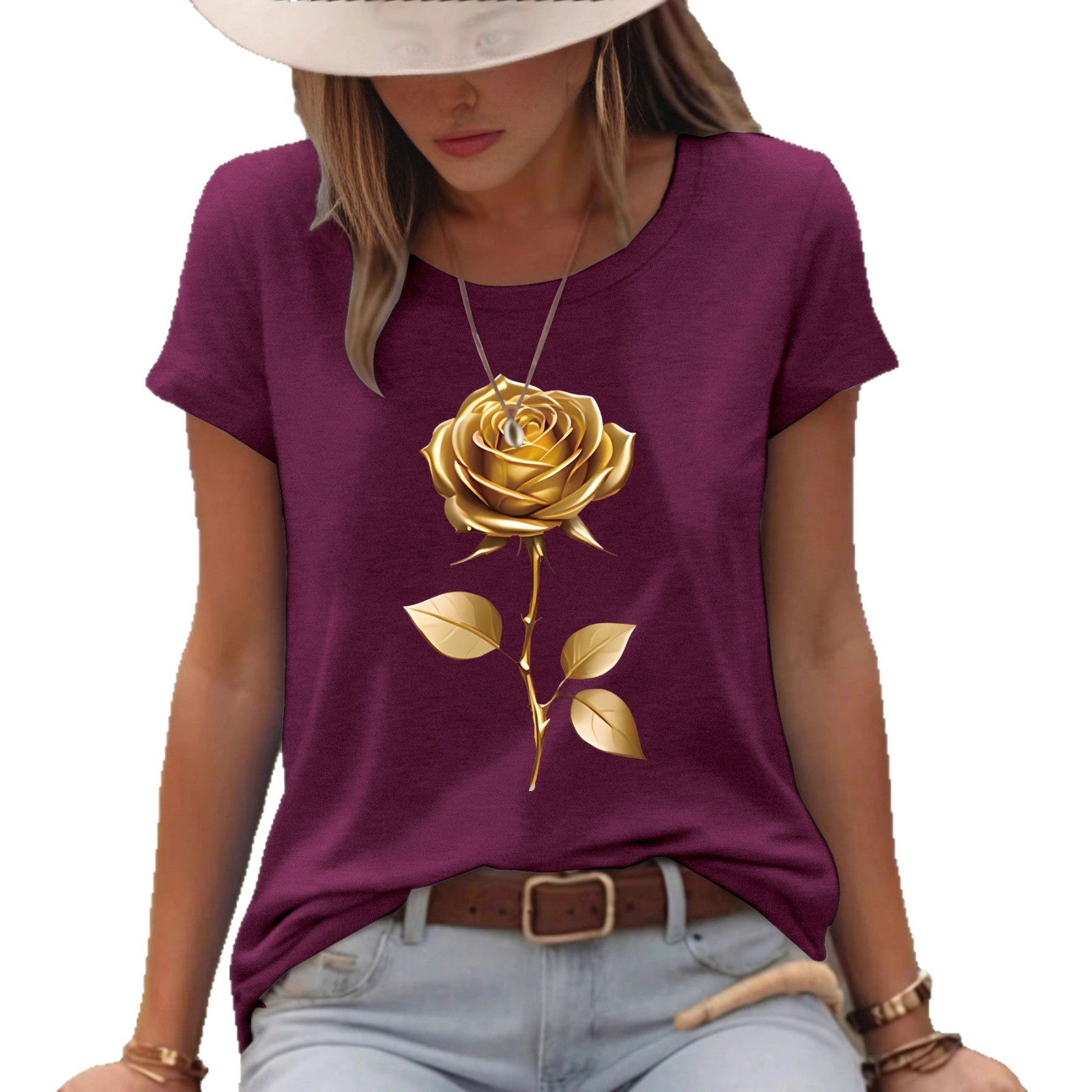 $18.62 - Short Sleeve Round Neck T-Shirt with Gold Rose