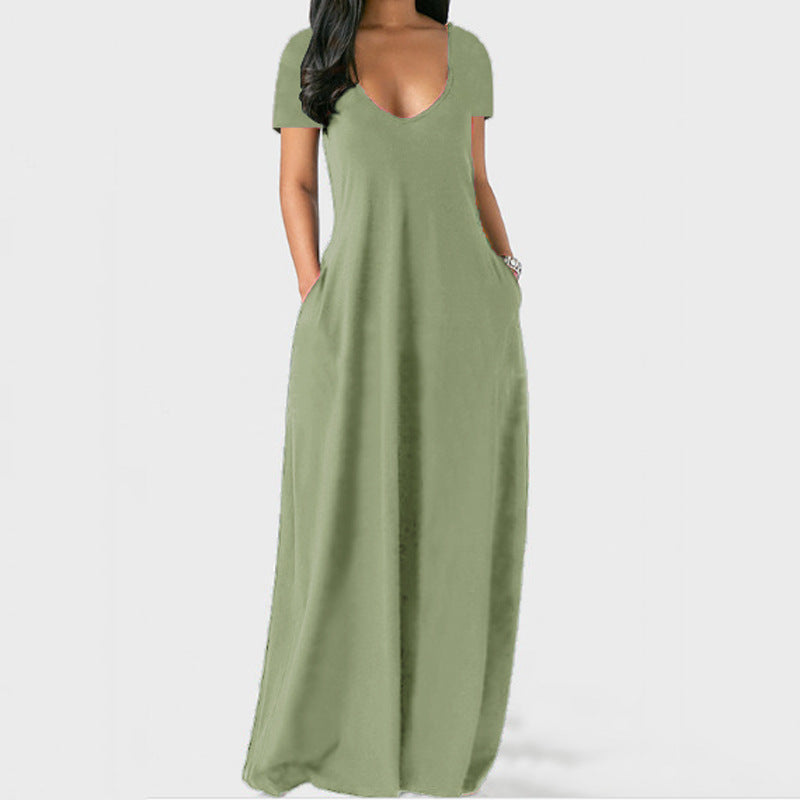 Robe d'été grande taille unie pour femme, sexy, décolleté plongeant en V, manches courtes, longue