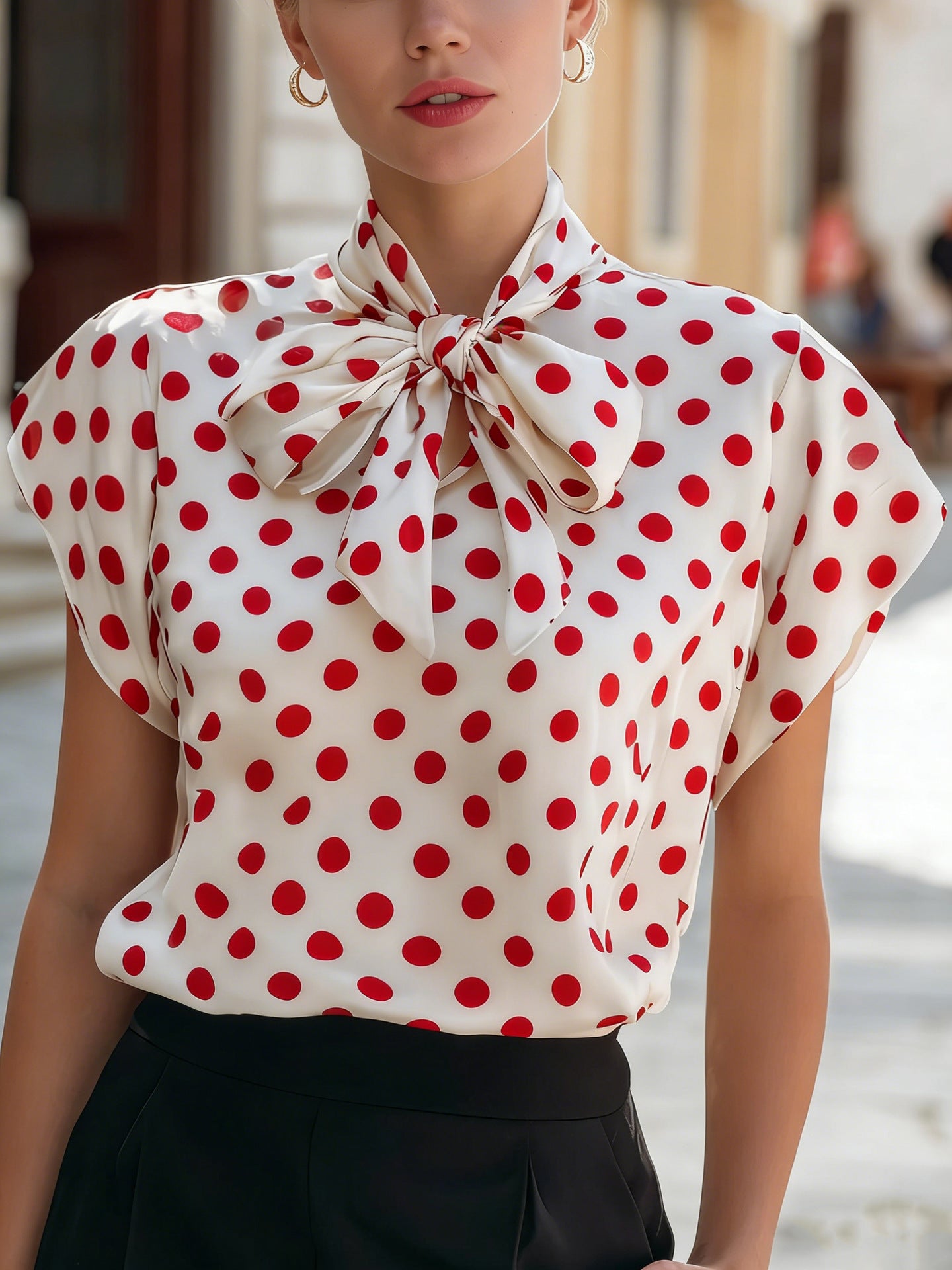 Polka dot top with a bow collar and short sleeves