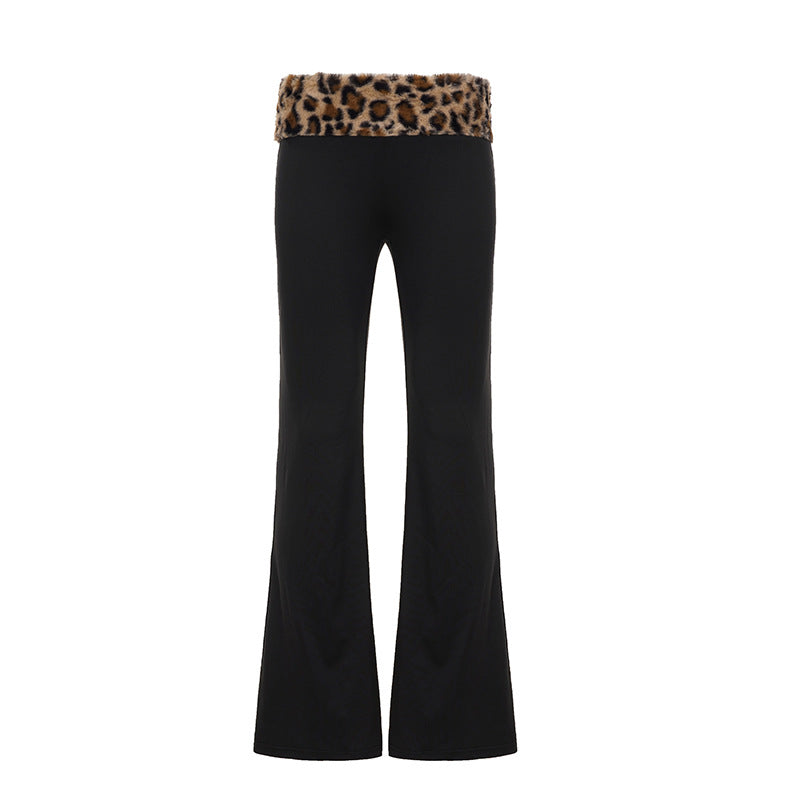 Pantalon taille basse duveteux imprimé léopard pour femme, T-shirt moulant asymétrique à manches longues, ensemble décontracté