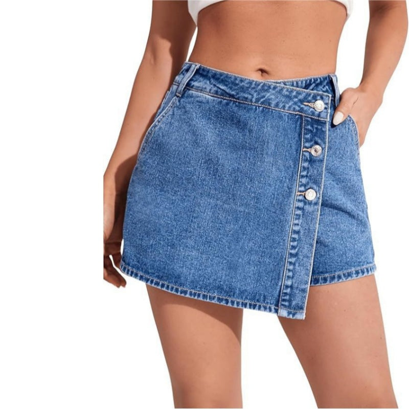 Women's Fashionable High-Slit Plain Cotton Denim Skort