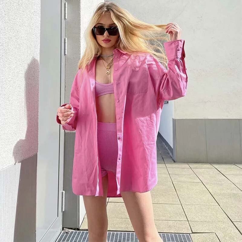 Chemise coton pour femme– Style oversize rose, 100 % coton, coupe ample, poches et boutons – Blouse chic et décontractée, style streetwear.