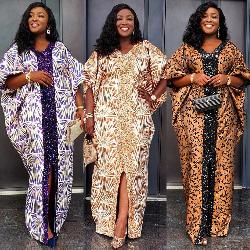 Robe africaine à motif patchwork et imprimé, avec col en V et perles