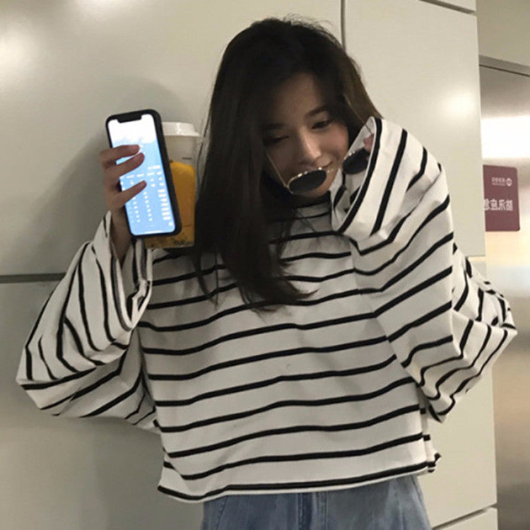 Black and White Stripe Long Sleeve Student Basic T-Shirt for Women, Loose Round Neck Casual Striped T-Shirt, Blended Cotton Material