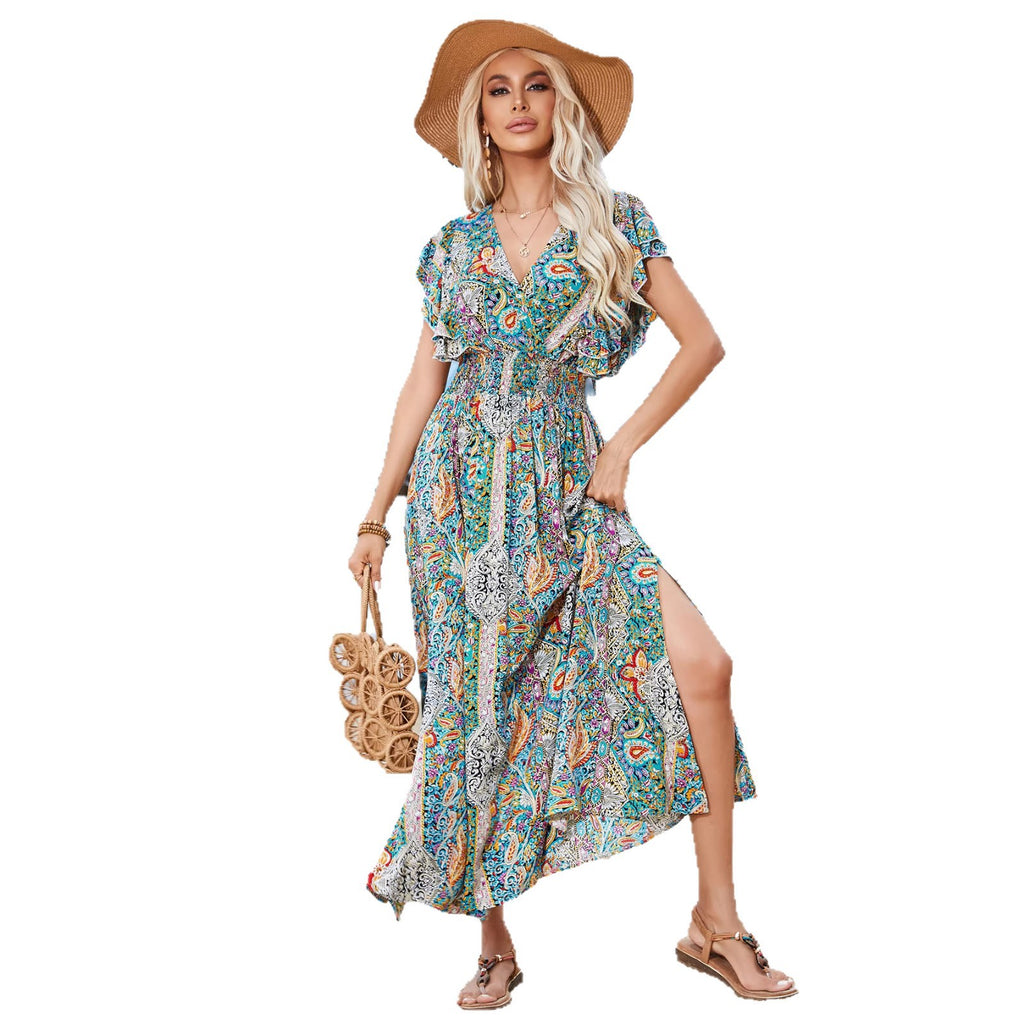 robe fendue à manches courtes et col en V