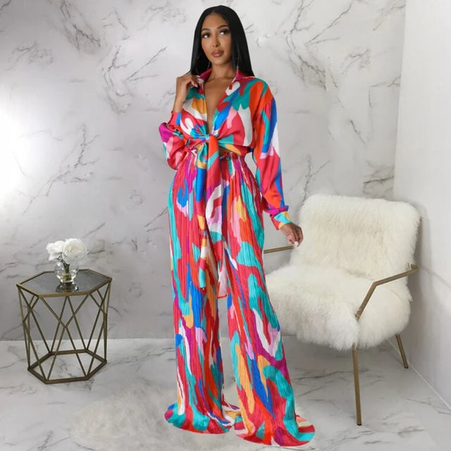Ensemble deux pièces pour femme : chemisier à manches longues et pantalon à rayures, style Dashiki africain, tenue assortie coupe ajustée.