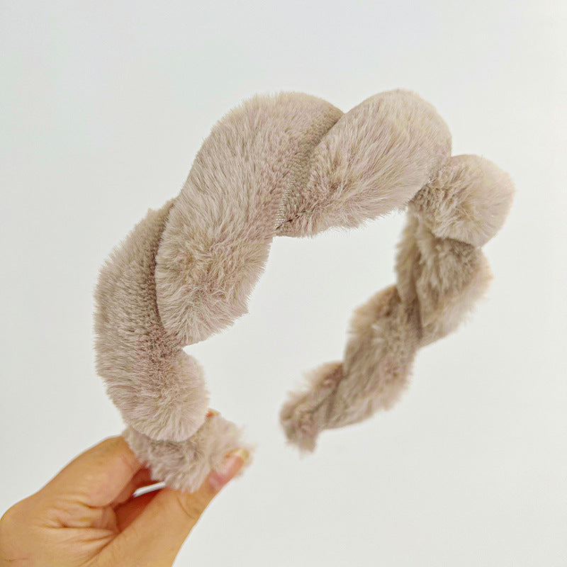 USD 15.72 - Faux Rabbit Fur Braided Headband, Cute Fluffy Solid Color Hair Accessory R526