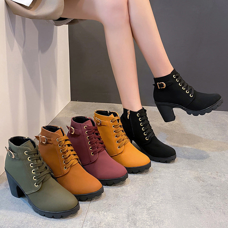 Women's high-heeled Martin boots, buckle, chunky heel, and round toe