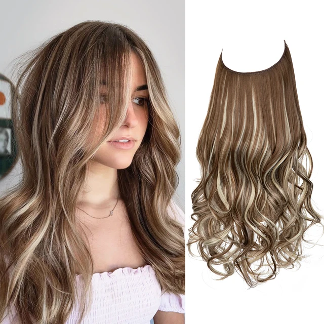 Extension capillaire monobloc pour femme offrant un volume généreux ; modèle en forme de U avec fil invisible, pour une chevelure longue, bouclée et naturelle.