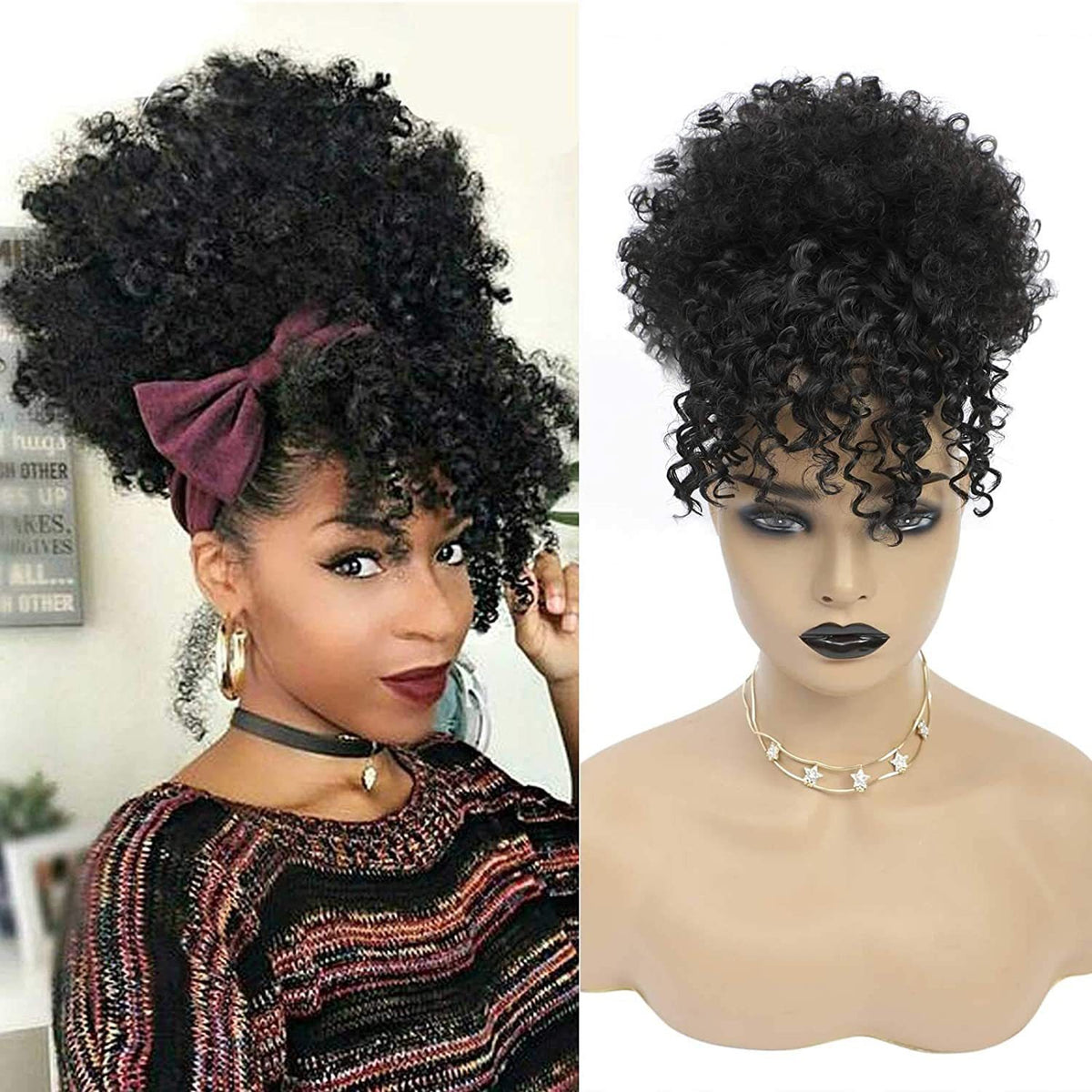Coiffure tendance style européen/américain : frange volumineuse et petits rouleaux façon « chenille » pour cheveux afro.