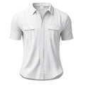 Chemise décontractée en lin à manches courtes pour homme, couleur unie, poche plaquée, ouverture boutonnée, coupe ample, col rabattu