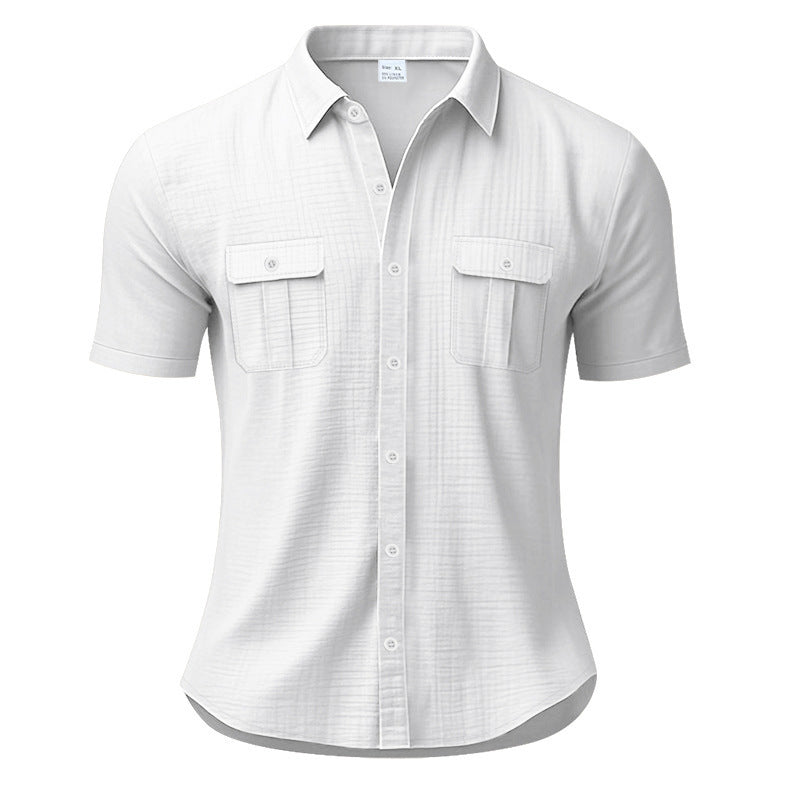 Chemise décontractée en lin à manches courtes pour homme, couleur unie, poche plaquée, ouverture boutonnée, coupe ample, col rabattu