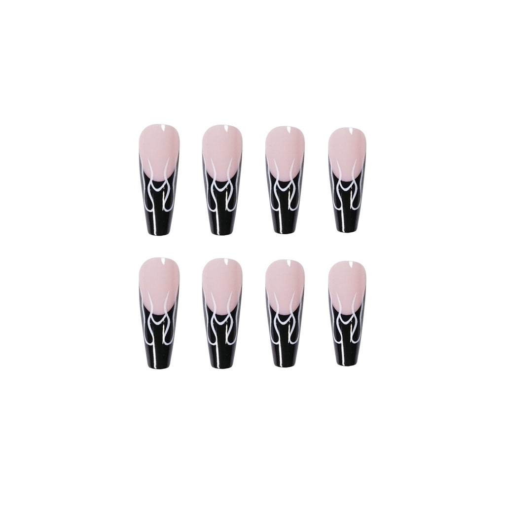 Black French Flame Effect False Nails, Nail Patches, Fake Nails