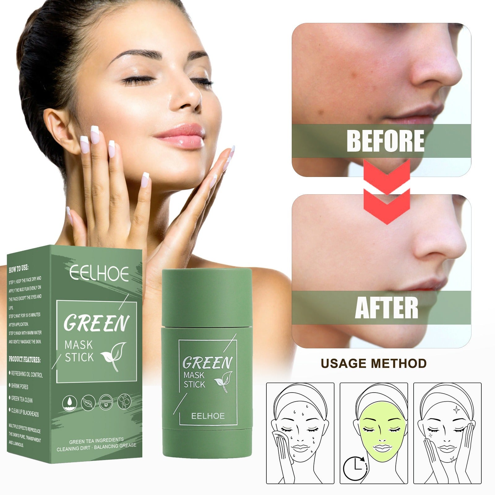 20.38 USD - EELHOE Green Tea Solid Mask - Cleansing and Hydrating Stick Mask - Pore Minimizer - Applicator - Clay Mask