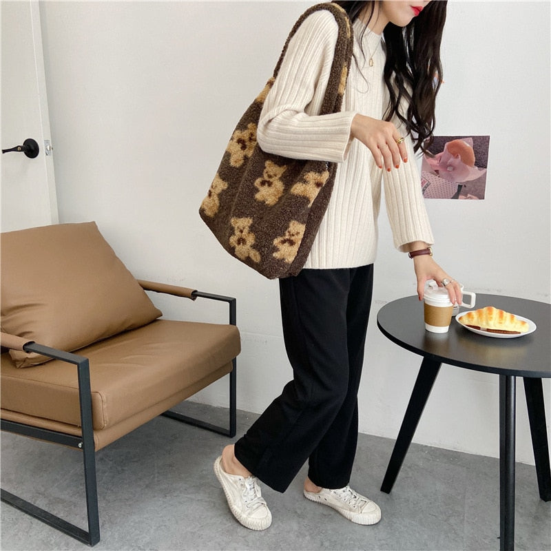 $17.71 - Women's lambskin-look tote bag, soft and fluffy canvas, teddy bear style, large capacity, soft, ideal for shopping or school. Cute school bag for girls.