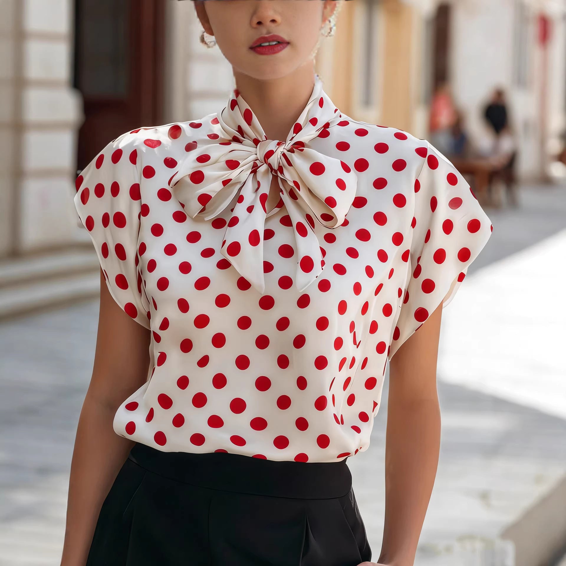 Polka dot top with a bow collar and short sleeves