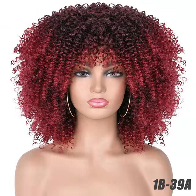 Perruque afro bouclée noire en fibres synthétiques, ensemble complet