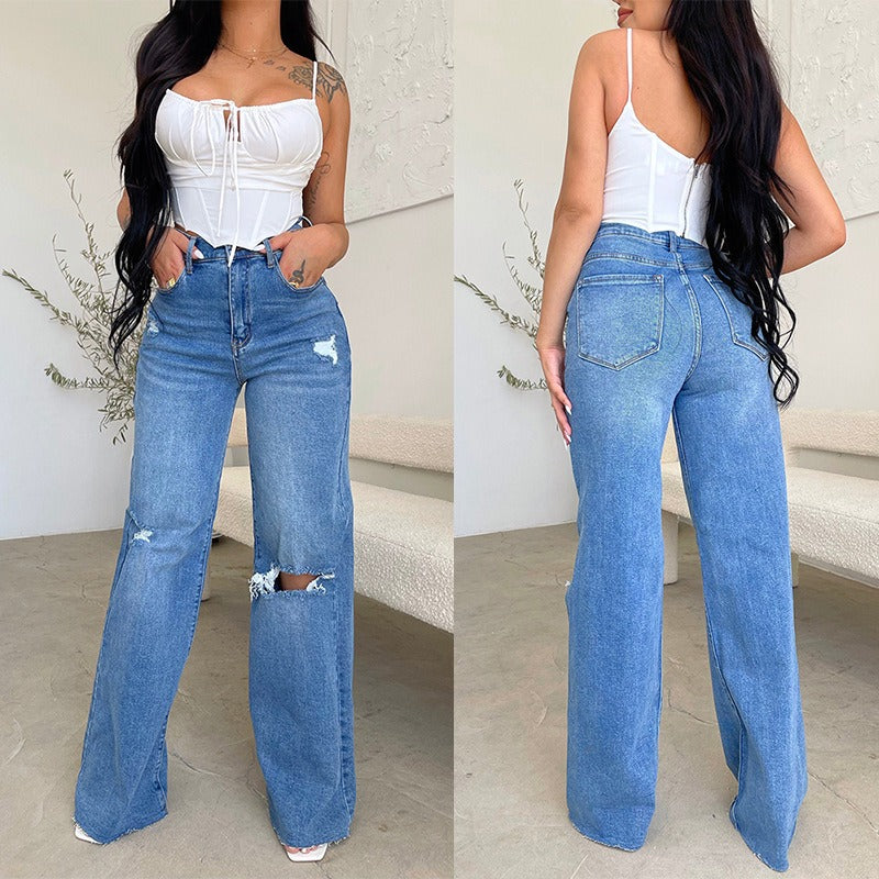 Pantalon femme, jean déchiré, pantalon en denim taille haute, pantalon en denim à jambes larges, vêtements en denim bleu, jean vintage, mode décontractée, pantalon droit