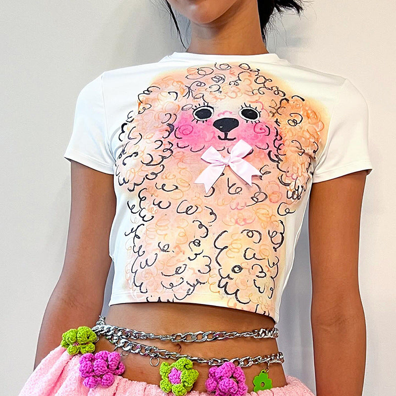 Camiseta corta con estampado de cachorro rizado y ombligo expuesto para mujer