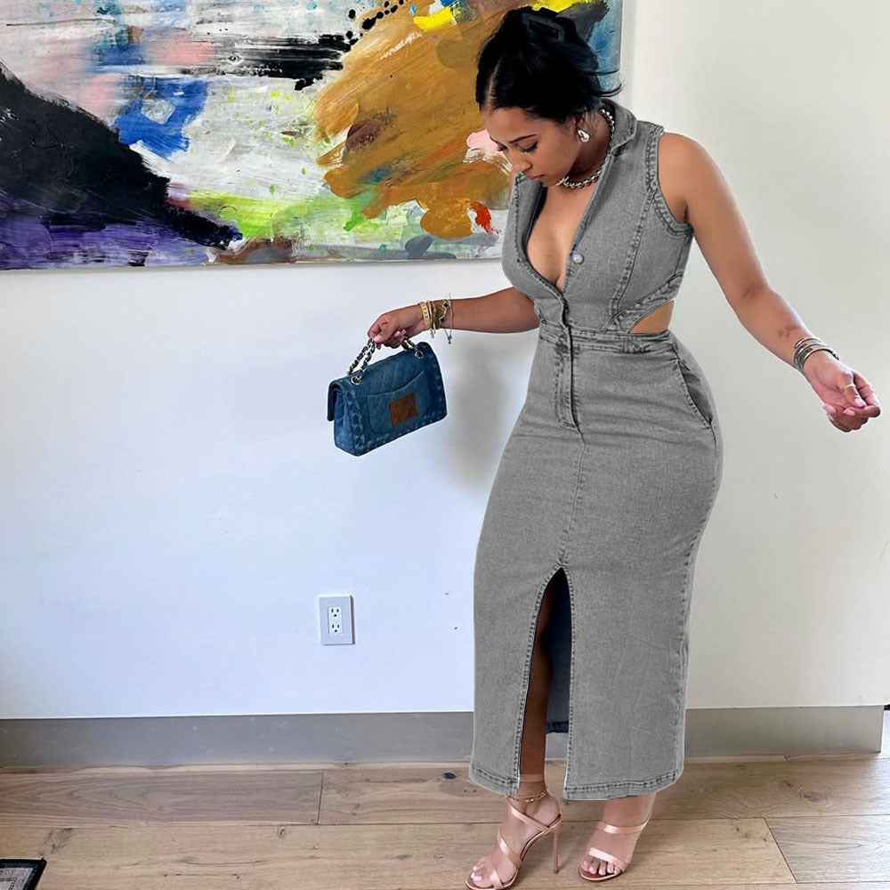 Robe longue sans manches à col élastique et boutonnage simple pour femme