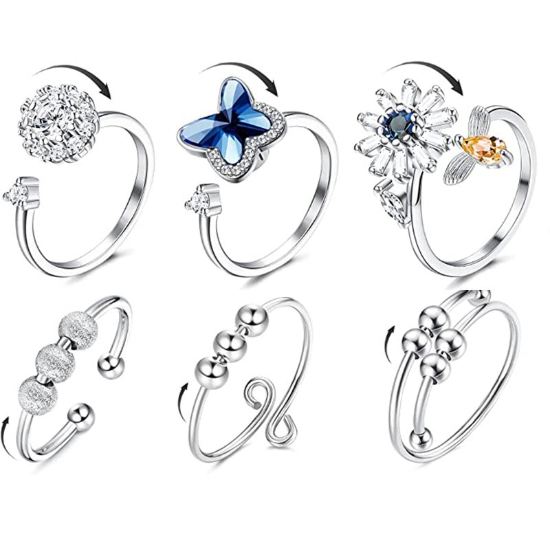 USD 13.97 - 6Pcs Silver Plated Rings Set, Anxiety Rings for Women, Adjustable Open Rings, Stackable Knuckle Rings, Fidget Rings, Gift for Women Men Girls