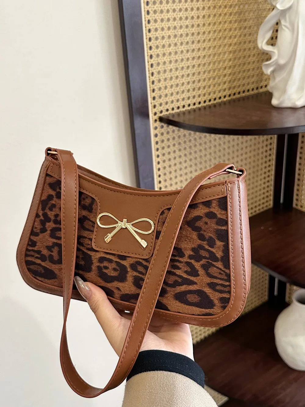 Leopard PU Leather Bow Handbag