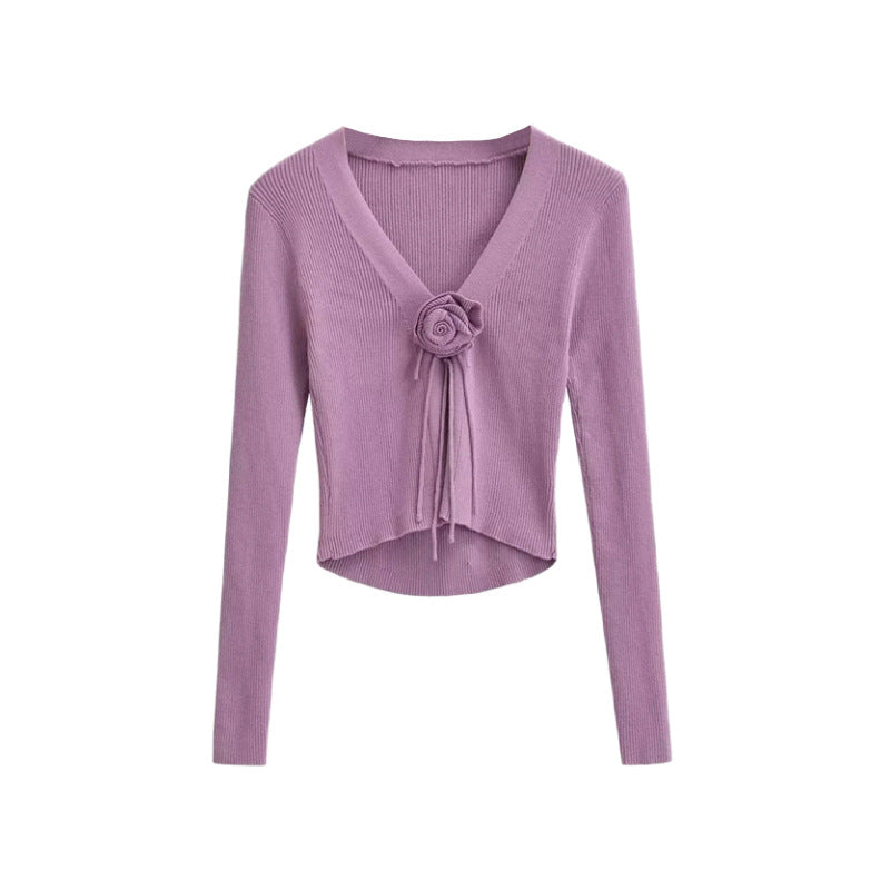 Spicy girl design V-neck chest rose long sleeved knitted sweater autumn new slim fit outerwear short cardigan top
