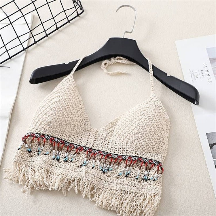Women's embroidered hollow-out bralette with high neck, short, open back, inner straps and chest pads