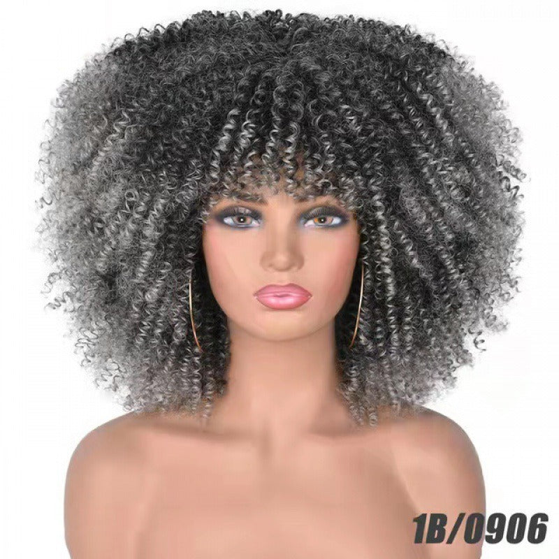 Perruque afro bouclée noire en fibres synthétiques, ensemble complet