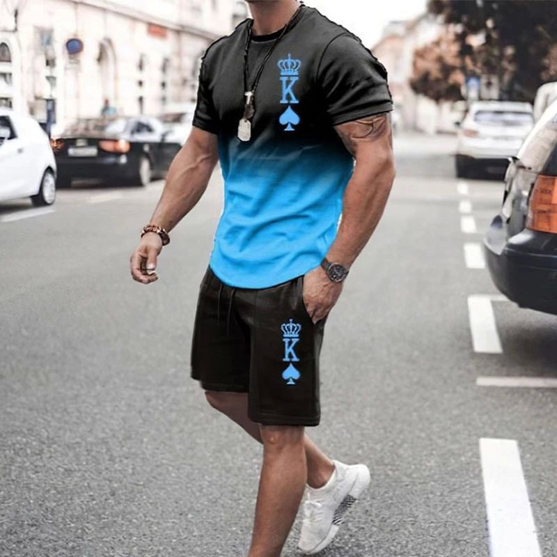 Men's casual round-neck short-sleeved t-shirt set with 3D print