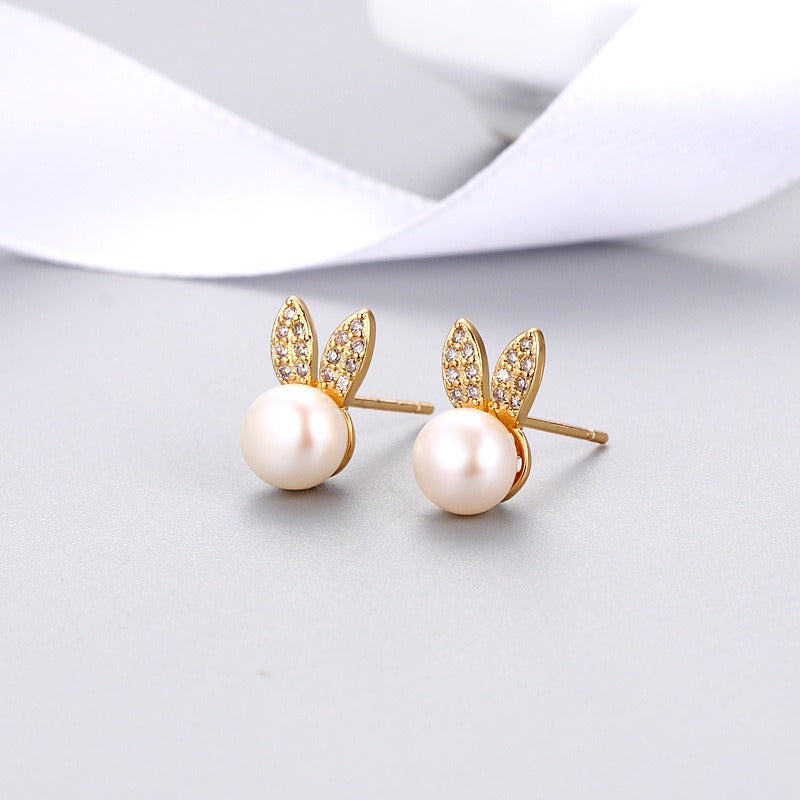 15,14 USD - Boucles d'oreilles mignonnes en forme de petite lapine, ornées de perles de zircon, accessoires d'oreilles tendance et élégants