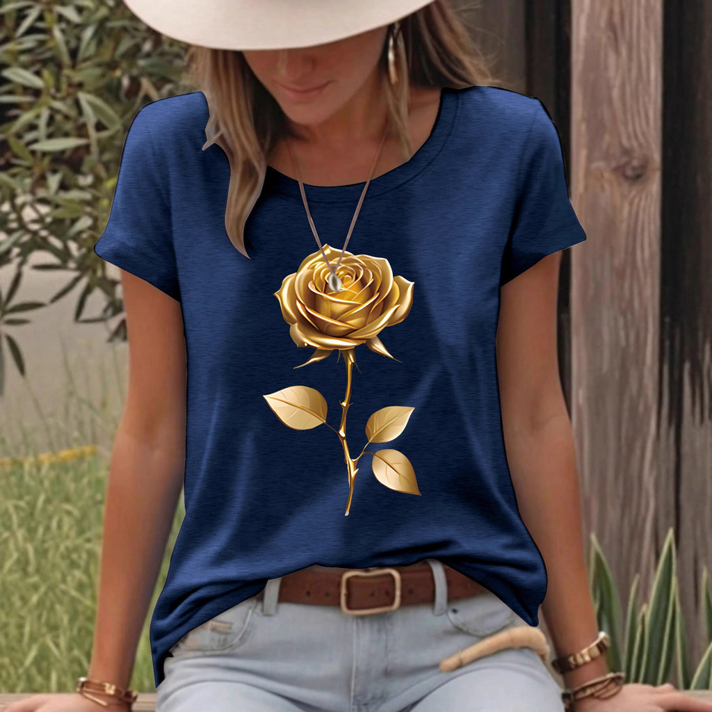 $18.62 - Short Sleeve Round Neck T-Shirt with Gold Rose