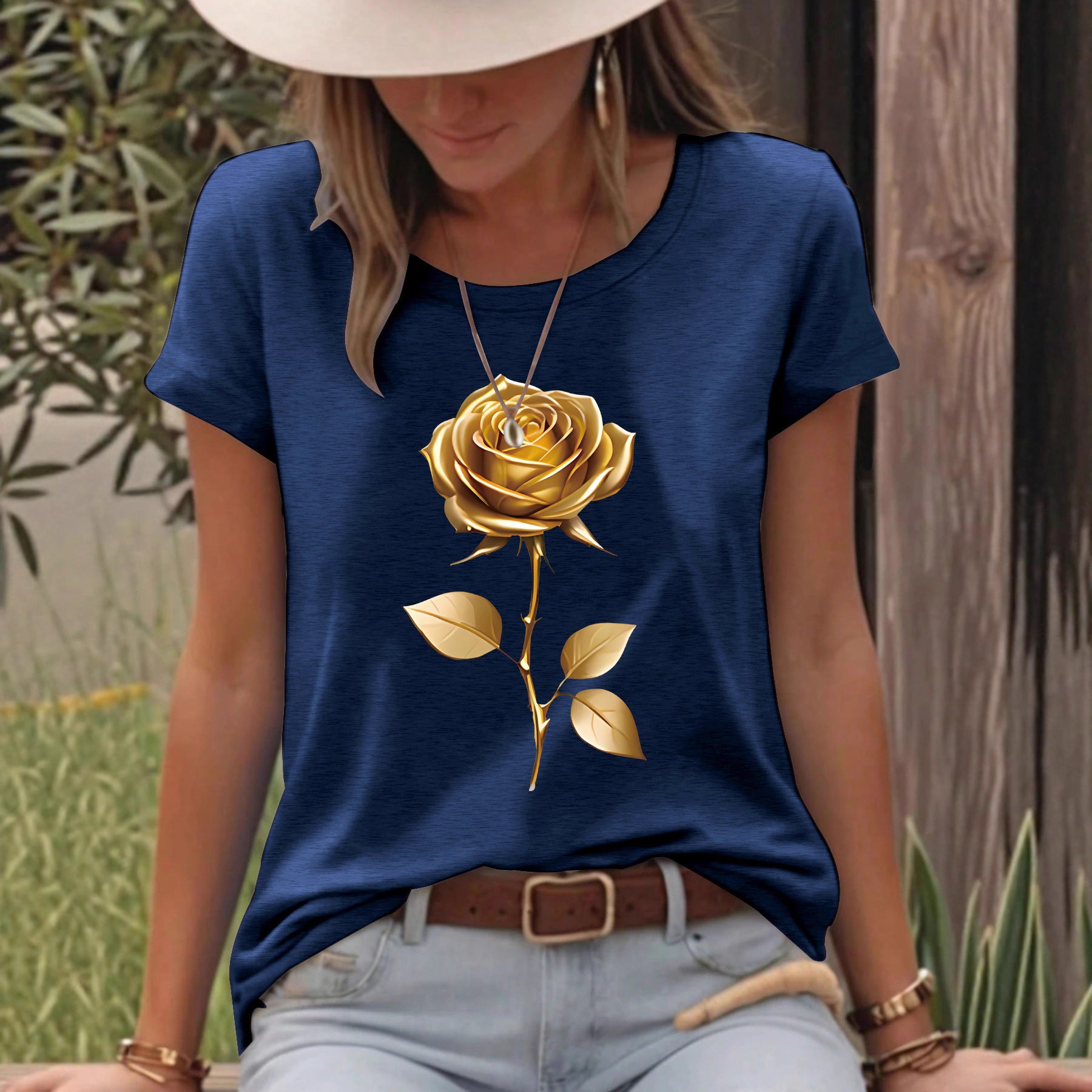 $18.62 - Short Sleeve Round Neck T-Shirt with Gold Rose