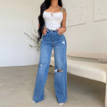 Pantalon femme, jean déchiré, pantalon en denim taille haute, pantalon en denim à jambes larges, vêtements en denim bleu, jean vintage, mode décontractée, pantalon droit