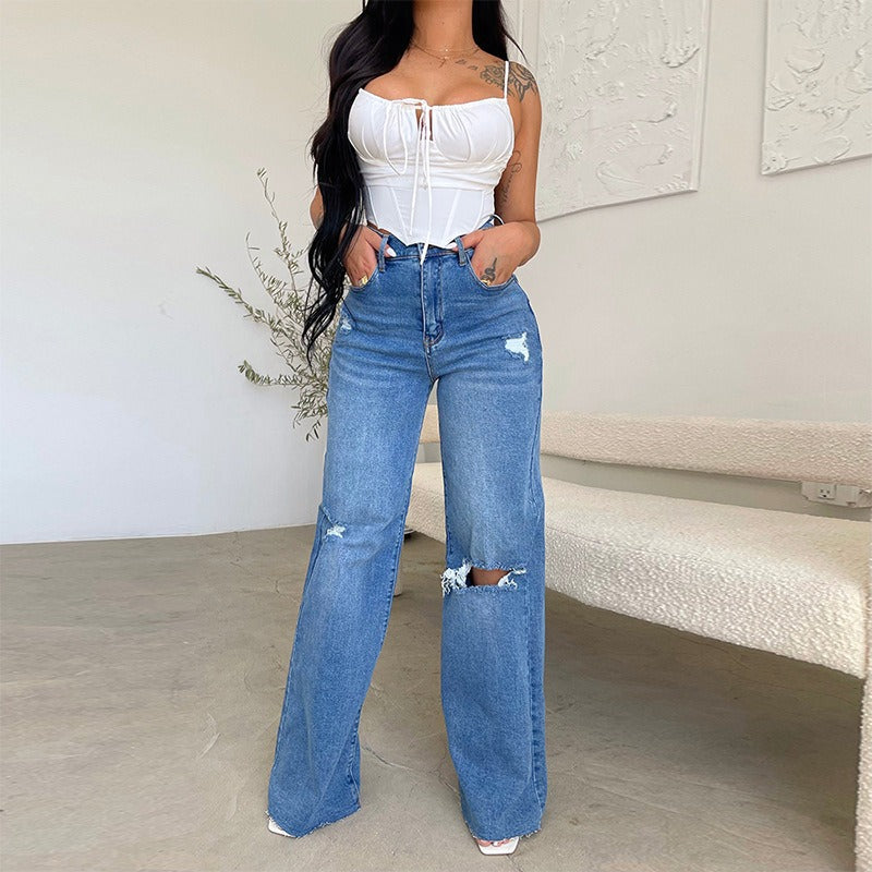 Pantalon femme, jean déchiré, pantalon en denim taille haute, pantalon en denim à jambes larges, vêtements en denim bleu, jean vintage, mode décontractée, pantalon droit