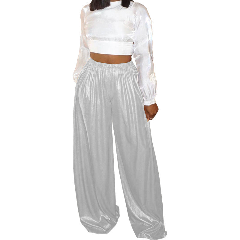 Pantalon large pour femme, style tendance et décontracté, avec motif doré réalisé par marquage à chaud.
