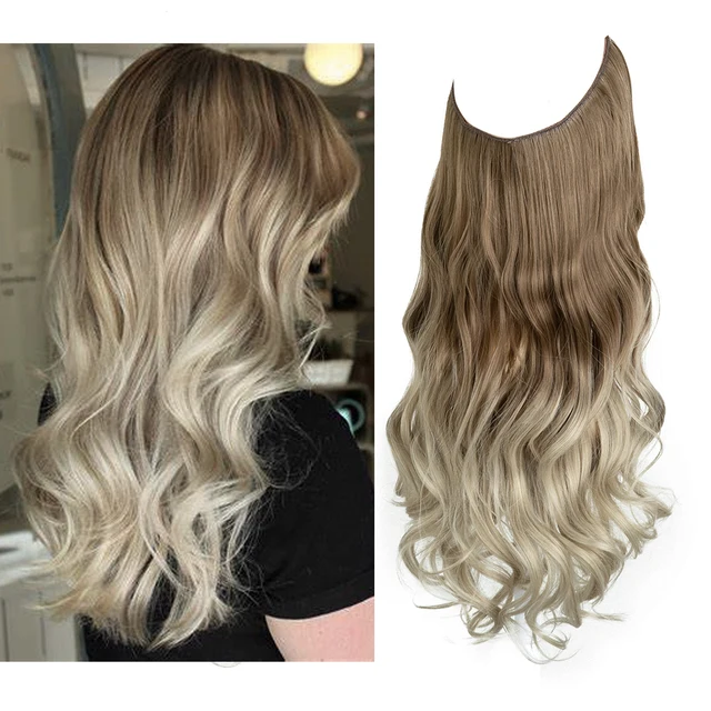 Extension capillaire monobloc pour femme offrant un volume généreux ; modèle en forme de U avec fil invisible, pour une chevelure longue, bouclée et naturelle.