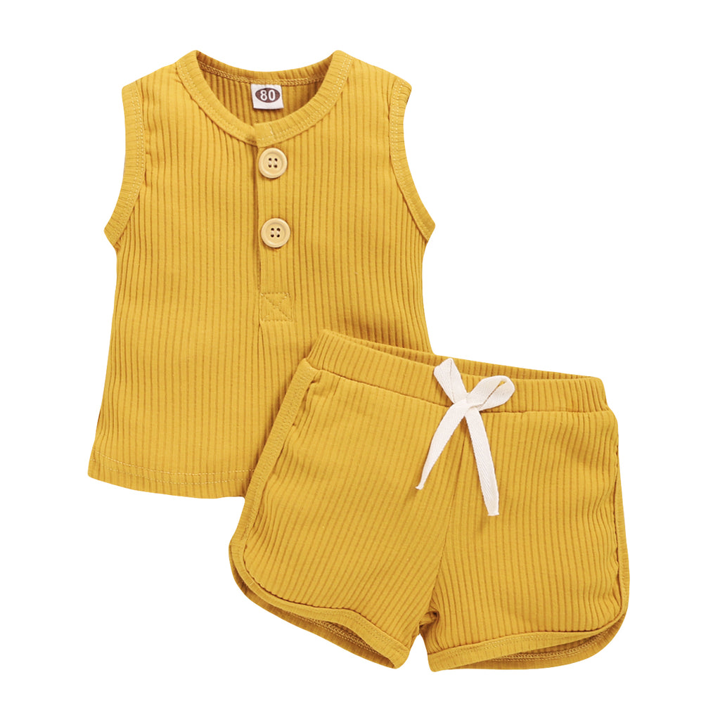 15.13 USD Ensemble de vêtements pour bébés garçons et filles, débardeur sans manches à boutons et short assortis.
