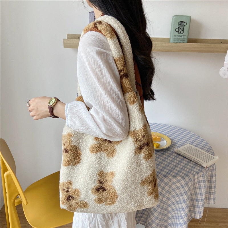 $17.71 - Women's lambskin-look tote bag, soft and fluffy canvas, teddy bear style, large capacity, soft, ideal for shopping or school. Cute school bag for girls.