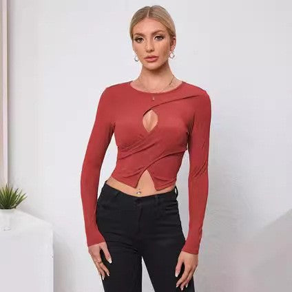 Women's Sexy Fitted Long Sleeve Round Neck Crop Top, Versatile Solid Color Knit.