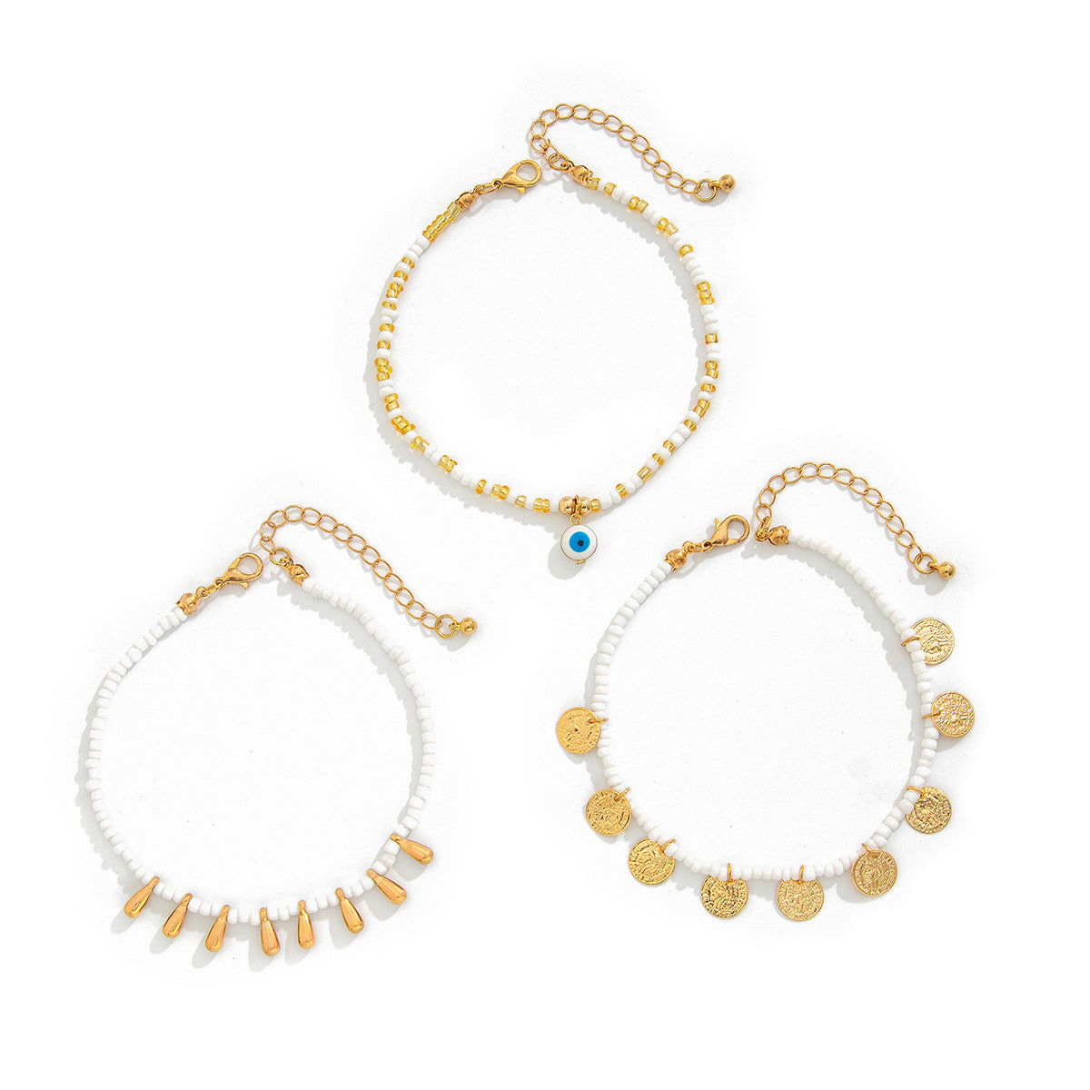 Ensemble de 3 bracelets de cheville style plage décontracté (perles de riz rondes et chaînette en acrylique avec pendentifs goutte d'eau et pièce)