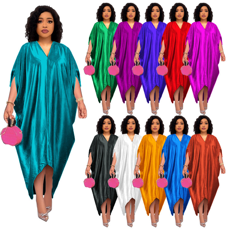 Robe grande taille pour femme, style africain, couleur unie et col en V (collection printemps)