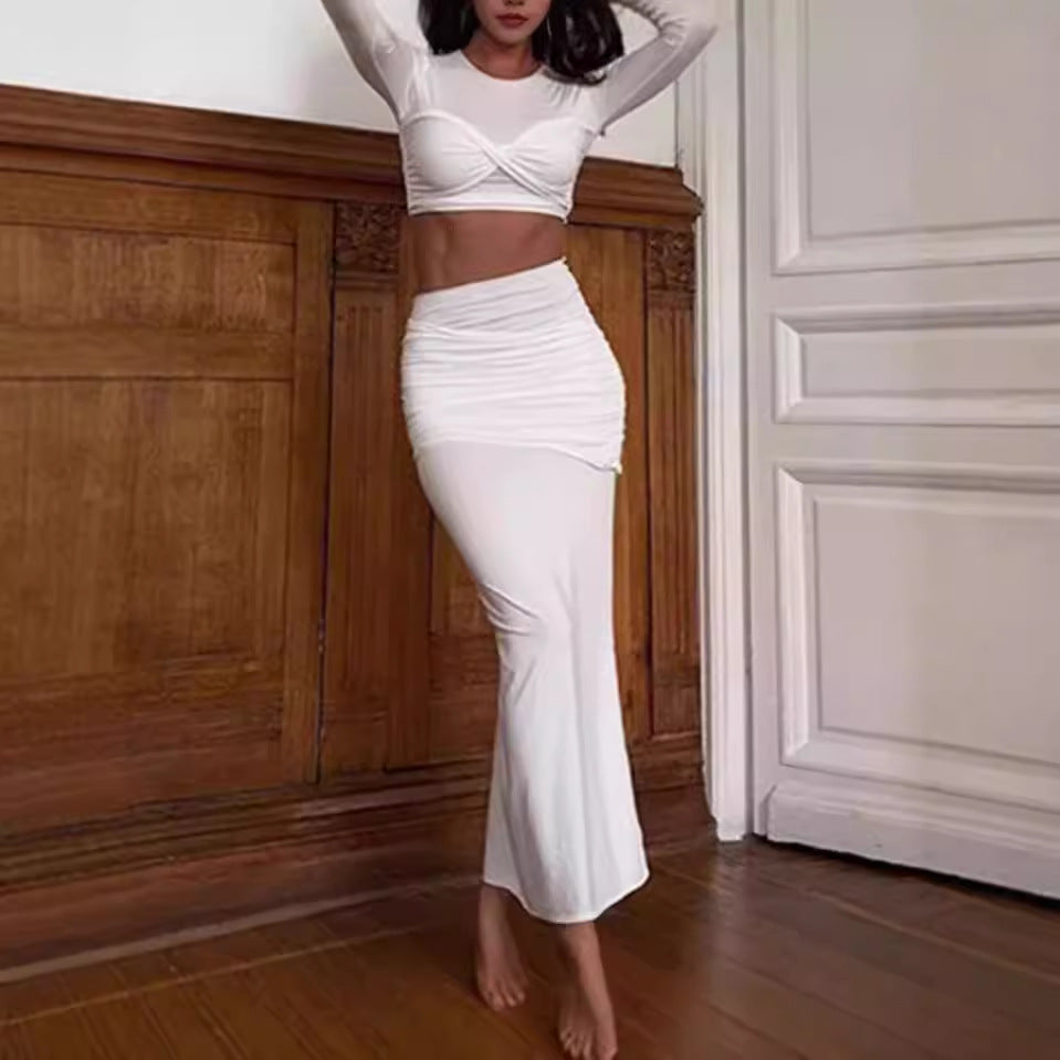 Solid Mermaid Skirt and Long-Sleeve Crop Top Casual Set