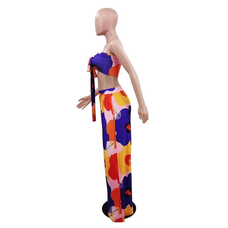 Vêtements pour Femmes Robe Longue Imprimée Florale Nouveau Haut Tube Élégant Décontracté Pantalon Col V Ensemble 2 Pièces Femme
